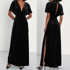 Mystical Charm Black Velvet Flutter Sleeve Maxi Dress